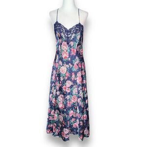 Vintage 90s Pajama Slip Dress Blue Pink Spaghetti Strap Floral Open Back Lace